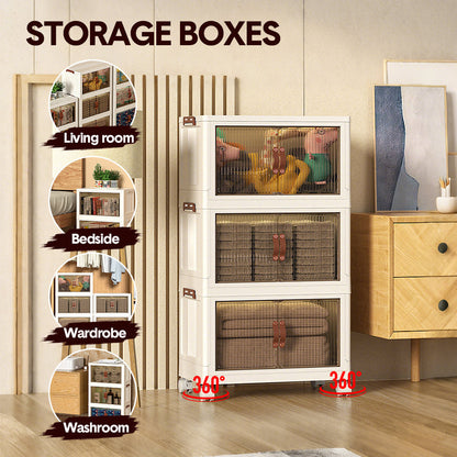 Foldable Storage Cabinet Stackable Bins Household Plastic Closet Multi-purpose Organizer Doors and Top Lid 2 Way Opening with 360 Degree Rotatable Wheels - Image 2