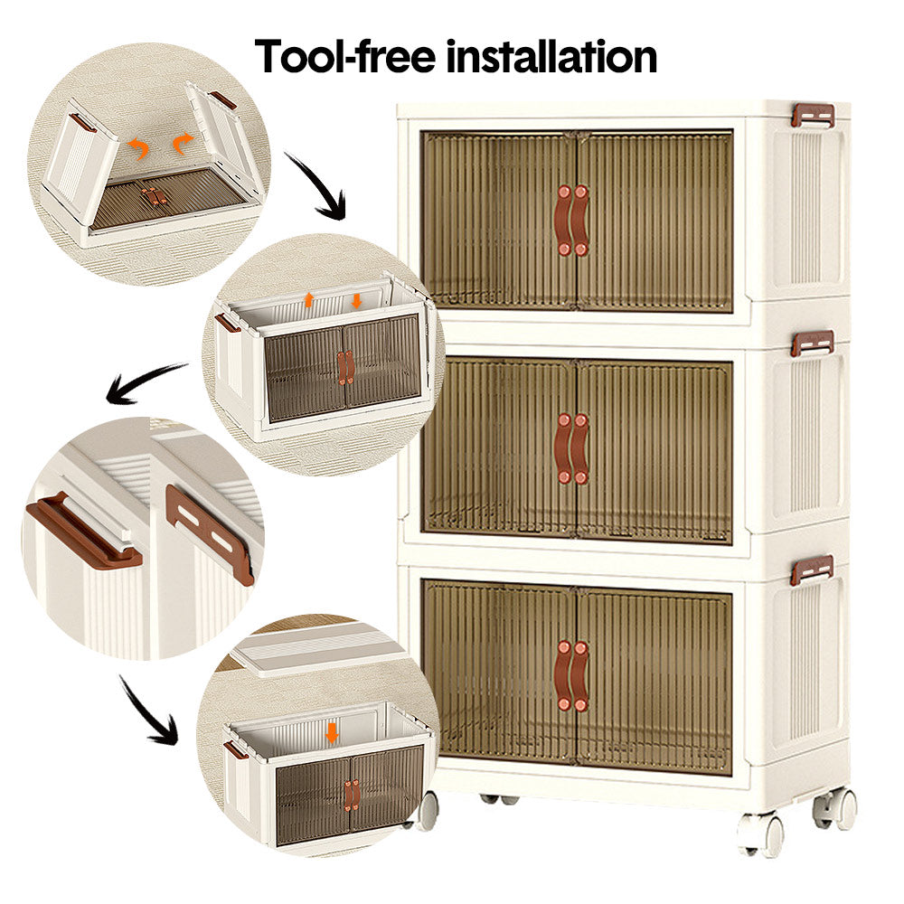 Foldable Storage Cabinet Stackable Bins Household Plastic Closet Multi-purpose Organizer Doors and Top Lid 2 Way Opening with 360 Degree Rotatable Wheels - Image 9