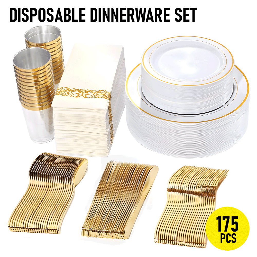 175pcs Food-Grade Wedding Event Banquet Disposable Tableware Dinnerware Gold-Edged Plastic Cutlery Pack of 25 Dining Sets Plates Cutlery Napkins - Image 2