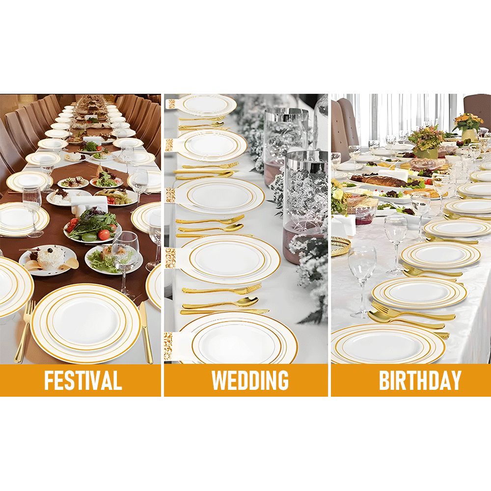 175pcs Food-Grade Wedding Event Banquet Disposable Tableware Dinnerware Gold-Edged Plastic Cutlery Pack of 25 Dining Sets Plates Cutlery Napkins - Image 4