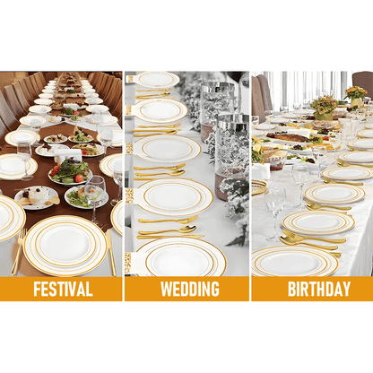 175pcs Food-Grade Wedding Event Banquet Disposable Tableware Dinnerware Gold-Edged Plastic Cutlery Pack of 25 Dining Sets Plates Cutlery Napkins - Image 4