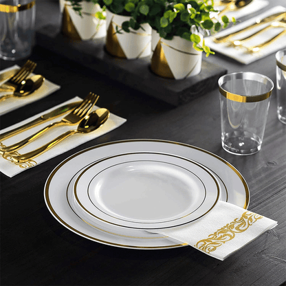 175pcs Food-Grade Wedding Event Banquet Disposable Tableware Dinnerware Gold-Edged Plastic Cutlery Pack of 25 Dining Sets Plates Cutlery Napkins - Image 7