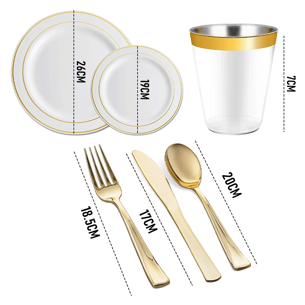 175pcs Food-Grade Wedding Event Banquet Disposable Tableware Dinnerware Gold-Edged Plastic Cutlery Pack of 25 Dining Sets Plates Cutlery Napkins - Image 8