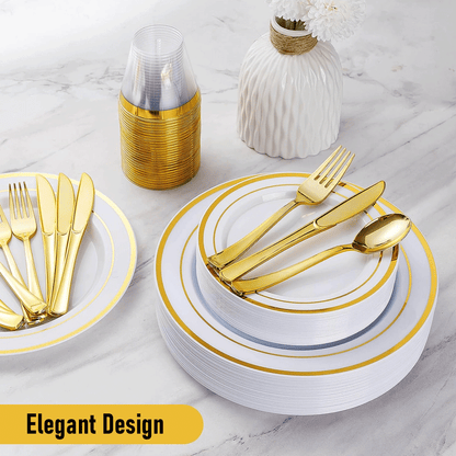 175pcs Food-Grade Wedding Event Banquet Disposable Tableware Dinnerware Gold-Edged Plastic Cutlery Pack of 25 Dining Sets Plates Cutlery Napkins - Image 9
