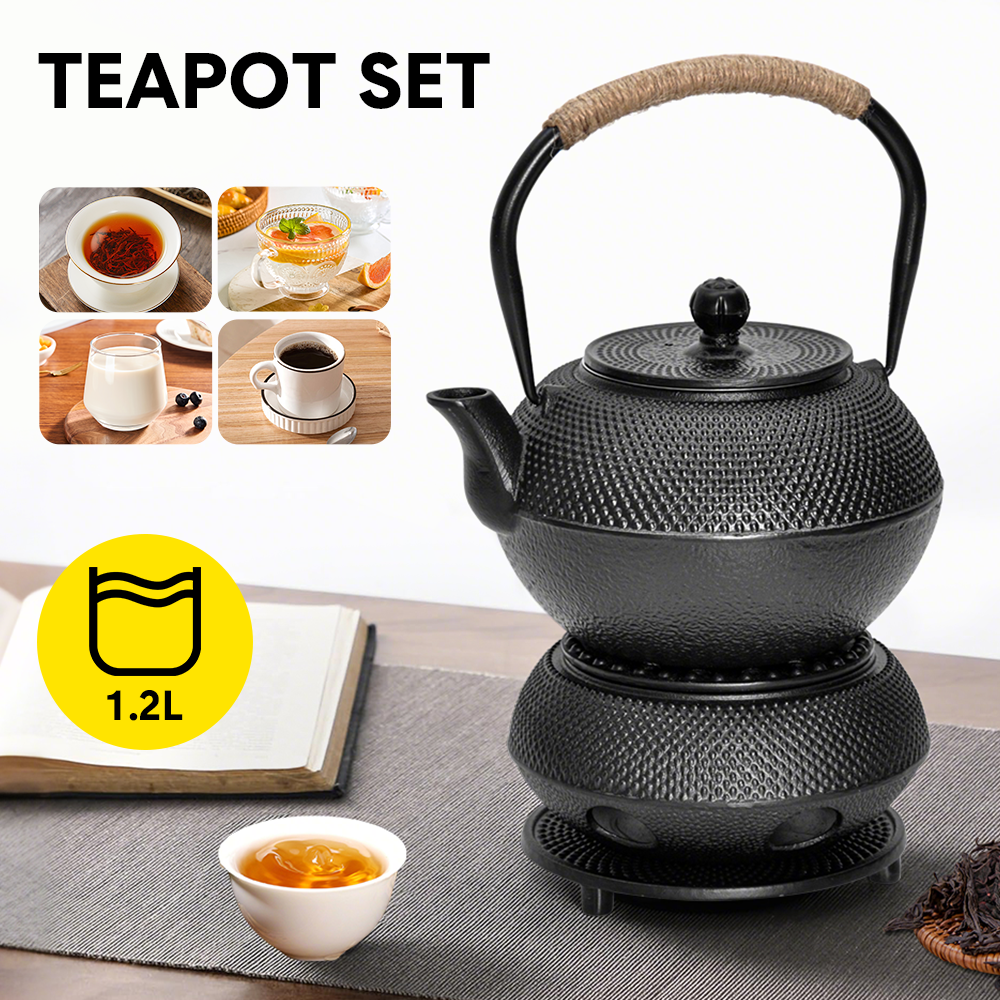 1.2L Cast Iron Teapot and Warmer Set Tea Kettle Iron Bottle With Stainless Steel Mesh Infuser and Anti-Scald Handle Compatible with Multi-Heat Source Black - Image 2