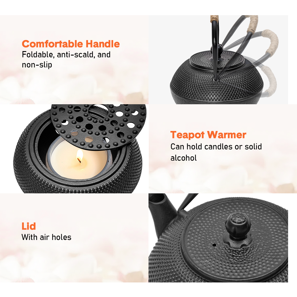 1.2L Cast Iron Teapot and Warmer Set Tea Kettle Iron Bottle With Stainless Steel Mesh Infuser and Anti-Scald Handle Compatible with Multi-Heat Source Black - Image 3