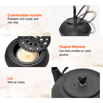 1.2L Cast Iron Teapot and Warmer Set Tea Kettle Iron Bottle With Stainless Steel Mesh Infuser and Anti-Scald Handle Compatible with Multi-Heat Source Black - Image 3
