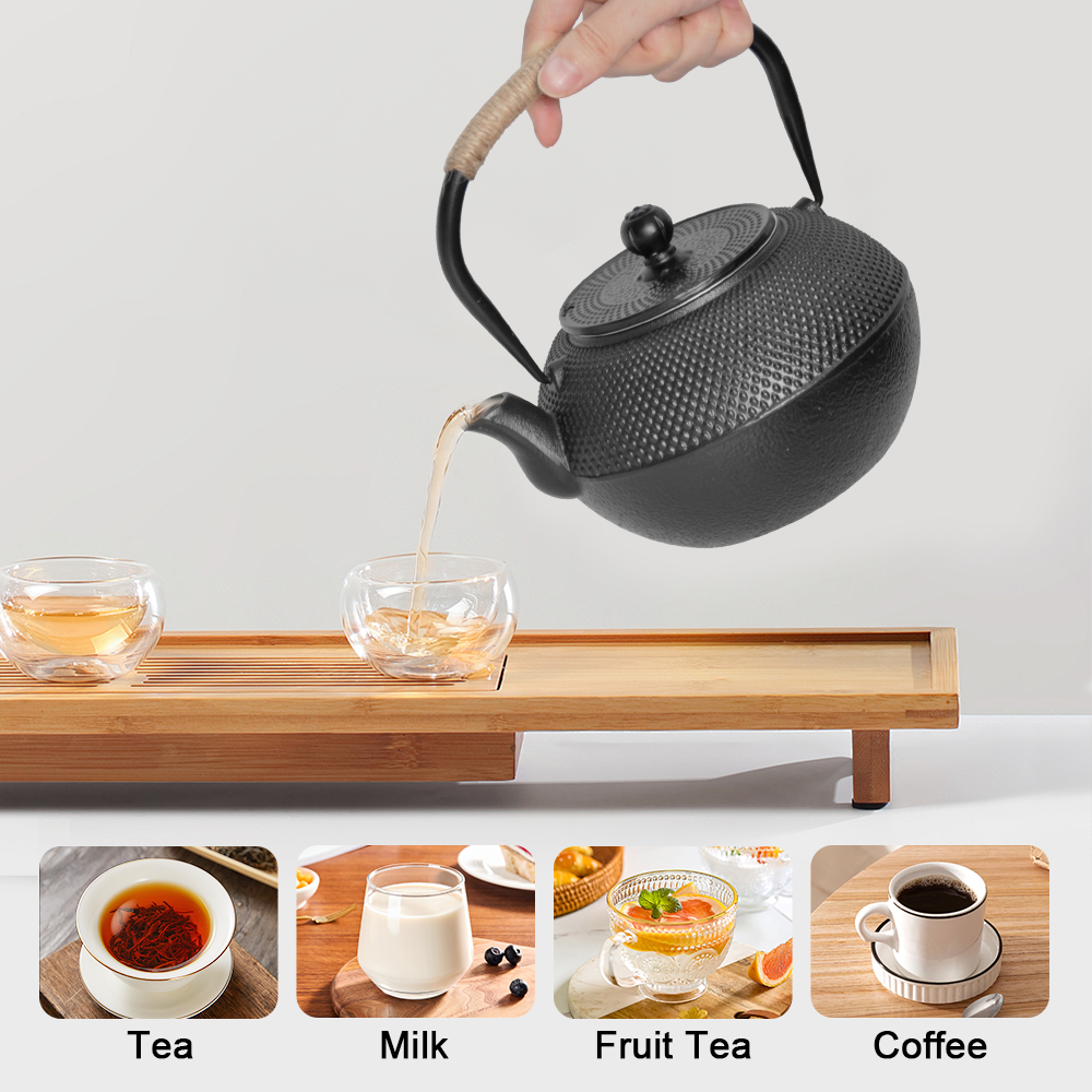 1.2L Cast Iron Teapot and Warmer Set Tea Kettle Iron Bottle With Stainless Steel Mesh Infuser and Anti-Scald Handle Compatible with Multi-Heat Source Black - Image 4