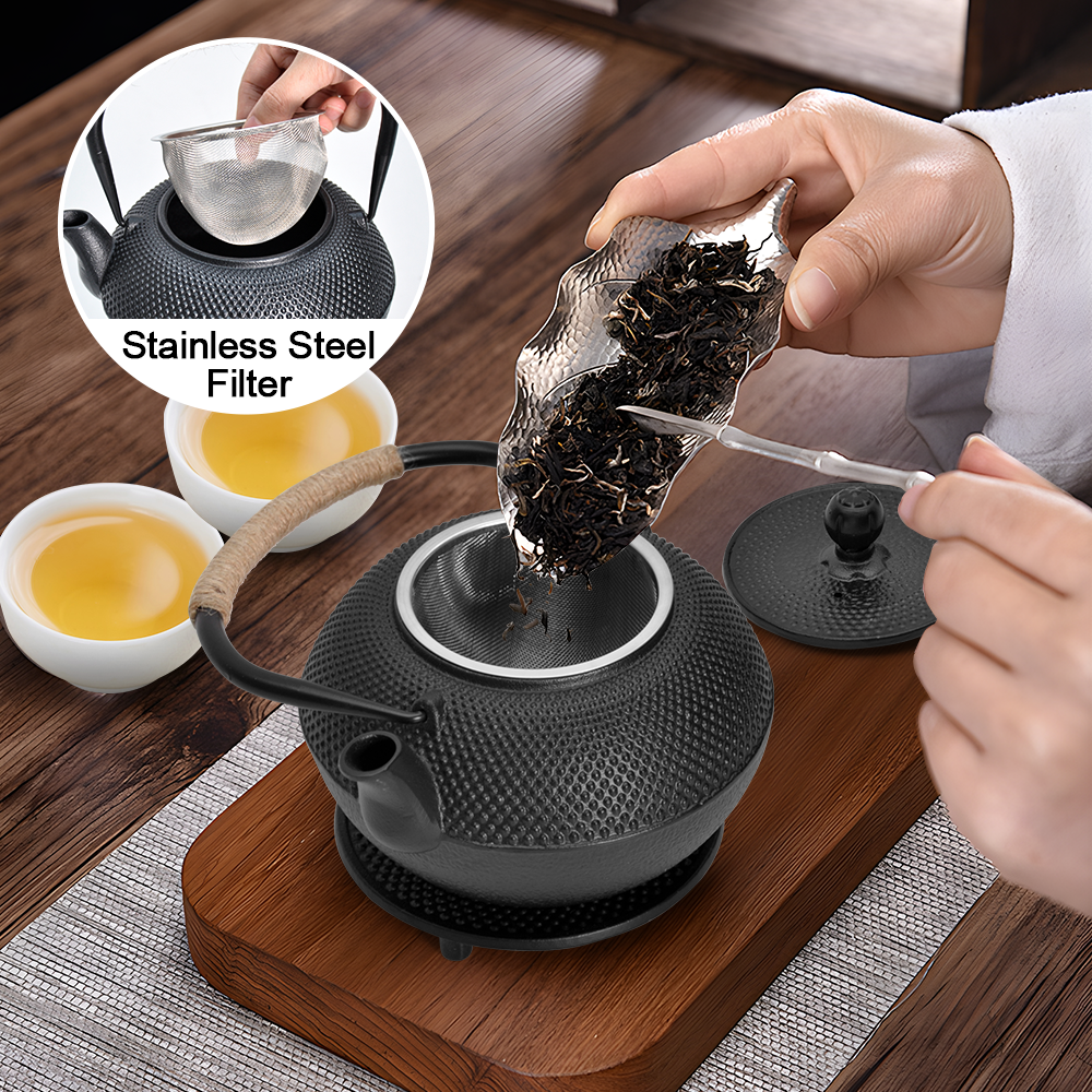 1.2L Cast Iron Teapot and Warmer Set Tea Kettle Iron Bottle With Stainless Steel Mesh Infuser and Anti-Scald Handle Compatible with Multi-Heat Source Black - Image 5