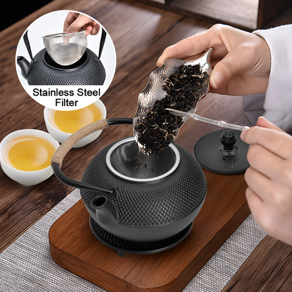 1.2L Cast Iron Teapot and Warmer Set Tea Kettle Iron Bottle With Stainless Steel Mesh Infuser and Anti-Scald Handle Compatible with Multi-Heat Source Black - Image 5