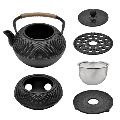 1.2L Cast Iron Teapot and Warmer Set Tea Kettle Iron Bottle With Stainless Steel Mesh Infuser and Anti-Scald Handle Compatible with Multi-Heat Source Black - Image 6