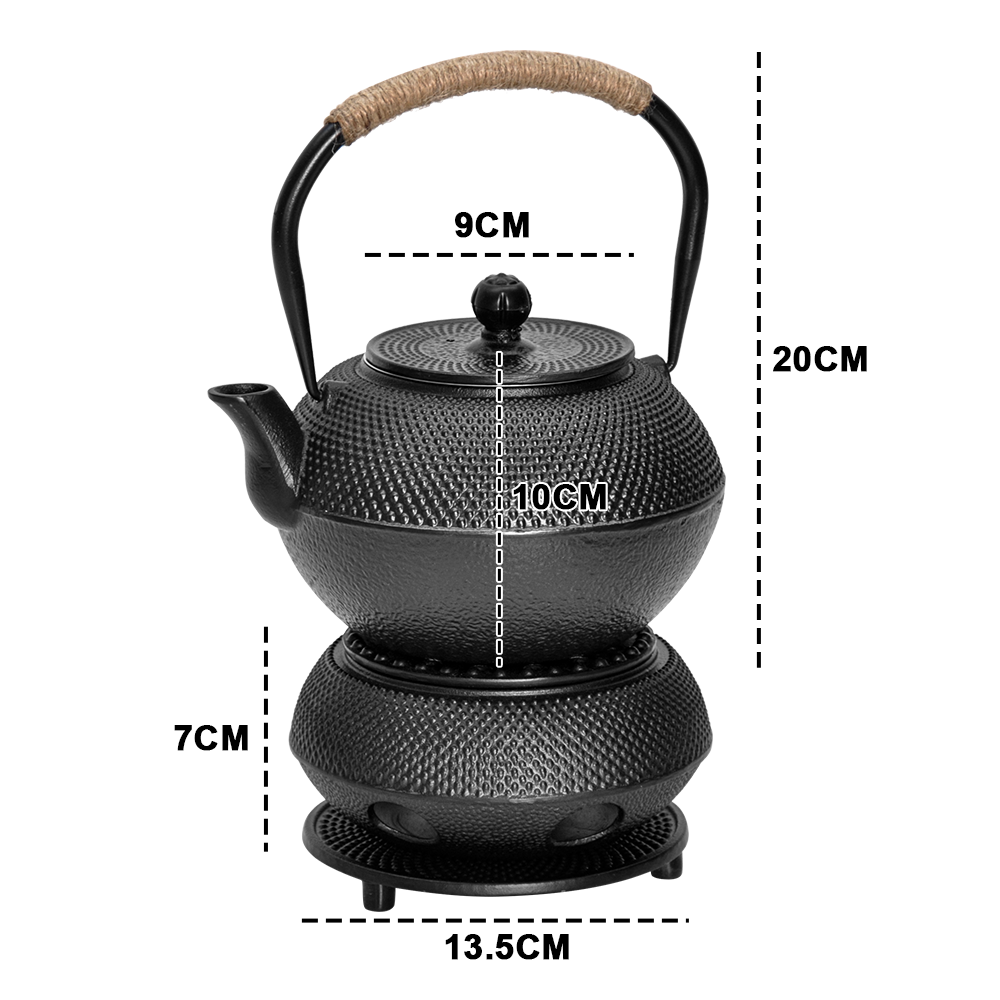 1.2L Cast Iron Teapot and Warmer Set Tea Kettle Iron Bottle With Stainless Steel Mesh Infuser and Anti-Scald Handle Compatible with Multi-Heat Source Black - Image 7