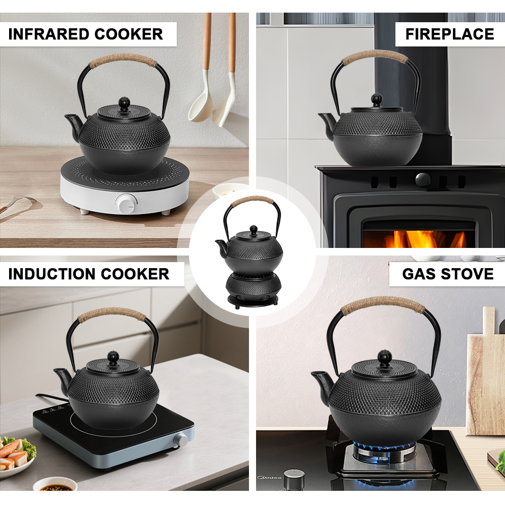 1.2L Cast Iron Teapot and Warmer Set Tea Kettle Iron Bottle With Stainless Steel Mesh Infuser and Anti-Scald Handle Compatible with Multi-Heat Source Black - Image 8