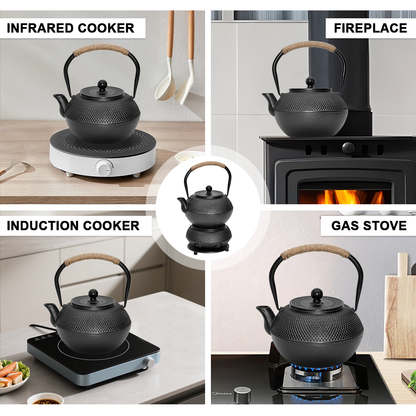 1.2L Cast Iron Teapot and Warmer Set Tea Kettle Iron Bottle With Stainless Steel Mesh Infuser and Anti-Scald Handle Compatible with Multi-Heat Source Black - Image 8