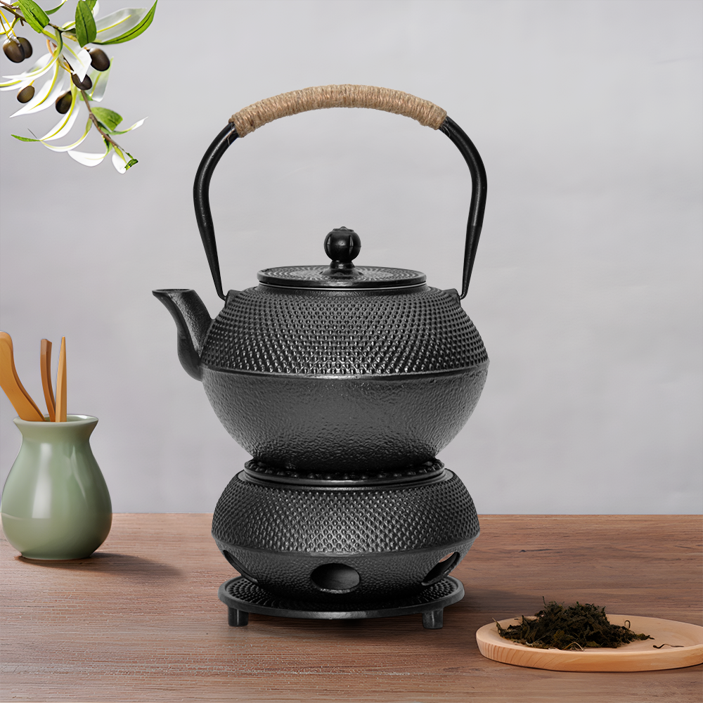 1.2L Cast Iron Teapot and Warmer Set Tea Kettle Iron Bottle With Stainless Steel Mesh Infuser and Anti-Scald Handle Compatible with Multi-Heat Source Black - Image 9