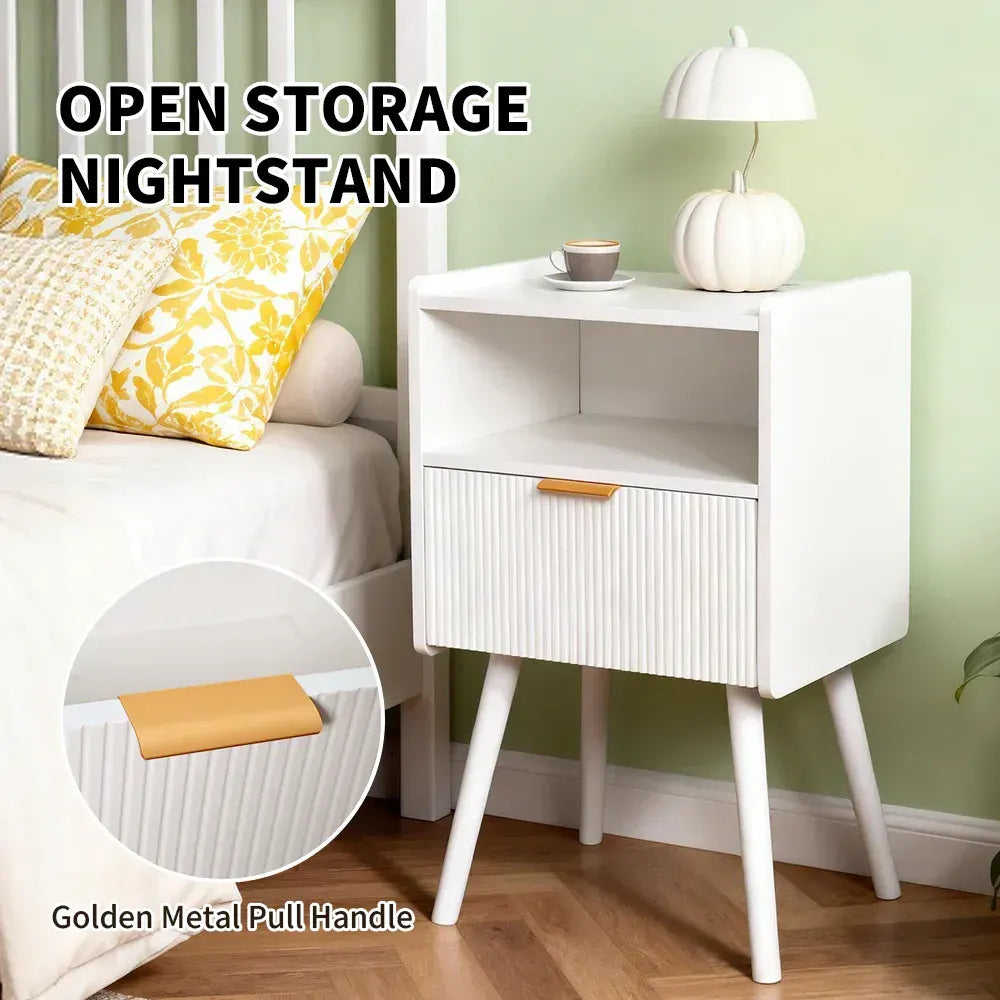 White Nightstand Modern Solid Wooden Open Shelf Bedside Table with One Storage Drawer and Solid Legs for Living Room Bedroom Apartment Easy Assembly - Image 2
