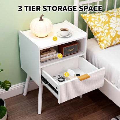 White Nightstand Modern Solid Wooden Open Shelf Bedside Table with One Storage Drawer and Solid Legs for Living Room Bedroom Apartment Easy Assembly - Image 3
