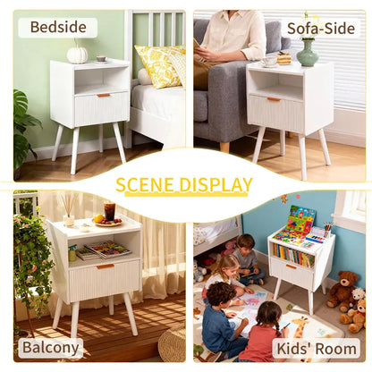 White Nightstand Modern Solid Wooden Open Shelf Bedside Table with One Storage Drawer and Solid Legs for Living Room Bedroom Apartment Easy Assembly - Image 4