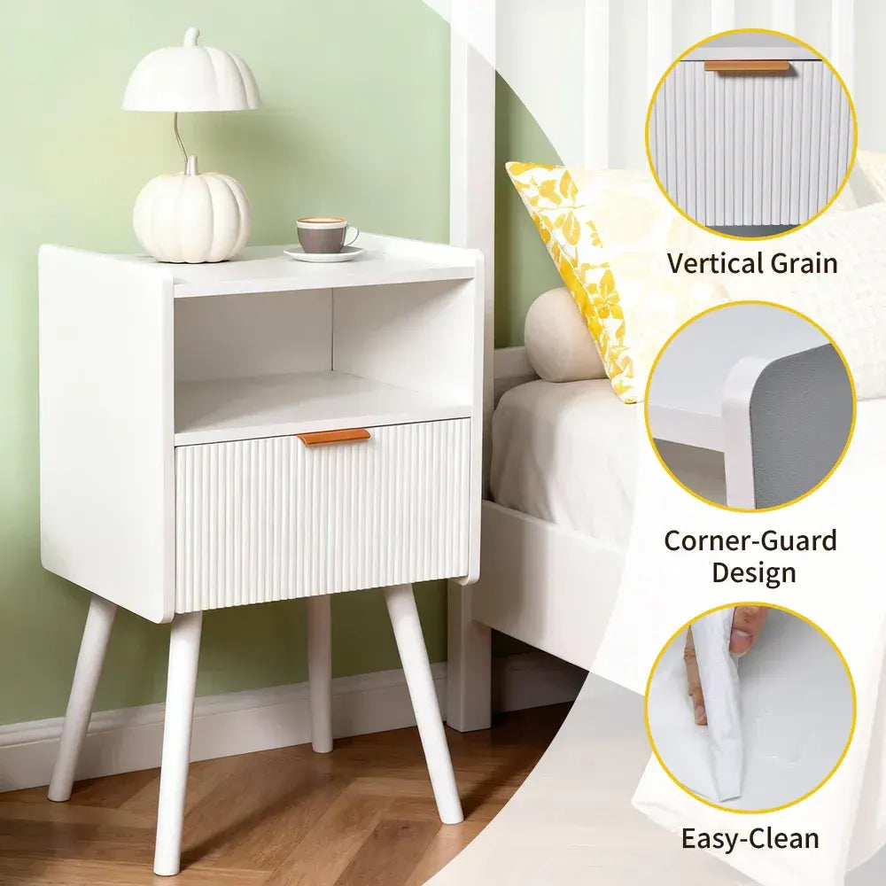 White Nightstand Modern Solid Wooden Open Shelf Bedside Table with One Storage Drawer and Solid Legs for Living Room Bedroom Apartment Easy Assembly - Image 5
