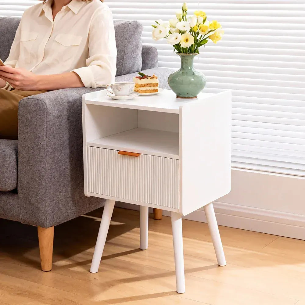 White Nightstand Modern Solid Wooden Open Shelf Bedside Table with One Storage Drawer and Solid Legs for Living Room Bedroom Apartment Easy Assembly - Image 8
