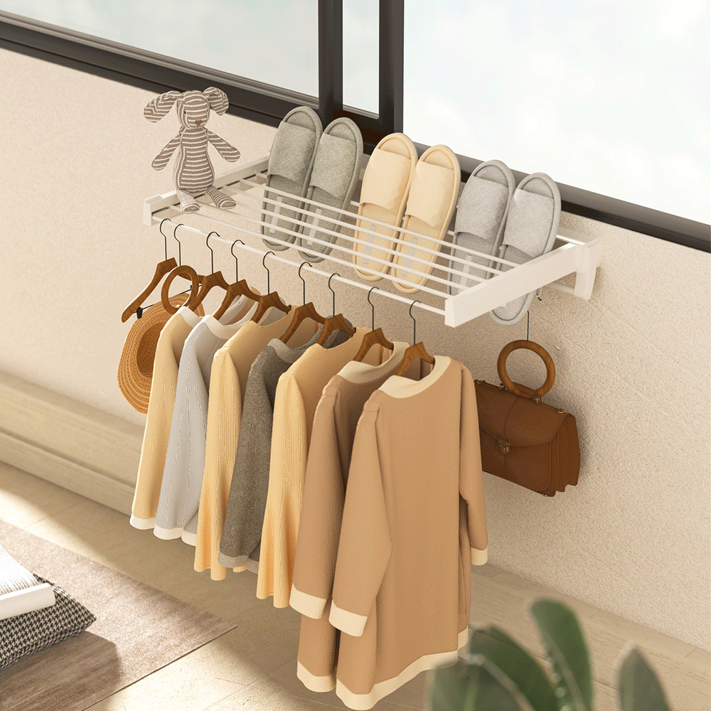 Alston Wall Mounted Drying Rack Clothes Airer Space Saver Folding Dryer Bearing Capacity 12KG Foldable Rail With Hooks Indoor Outdoor Balcony Laundry White - Image 4
