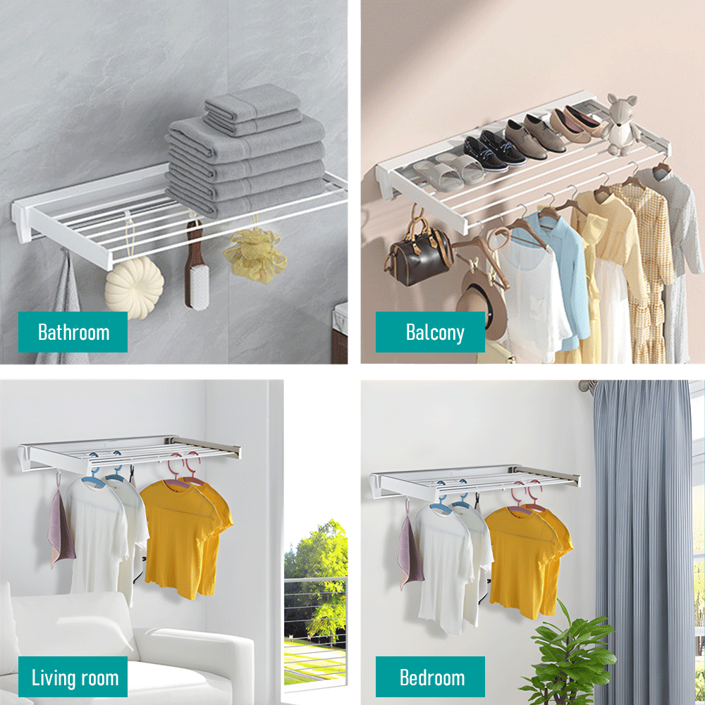 Alston Wall Mounted Drying Rack Clothes Airer Space Saver Folding Dryer Bearing Capacity 12KG Foldable Rail With Hooks Indoor Outdoor Balcony Laundry White - Image 9