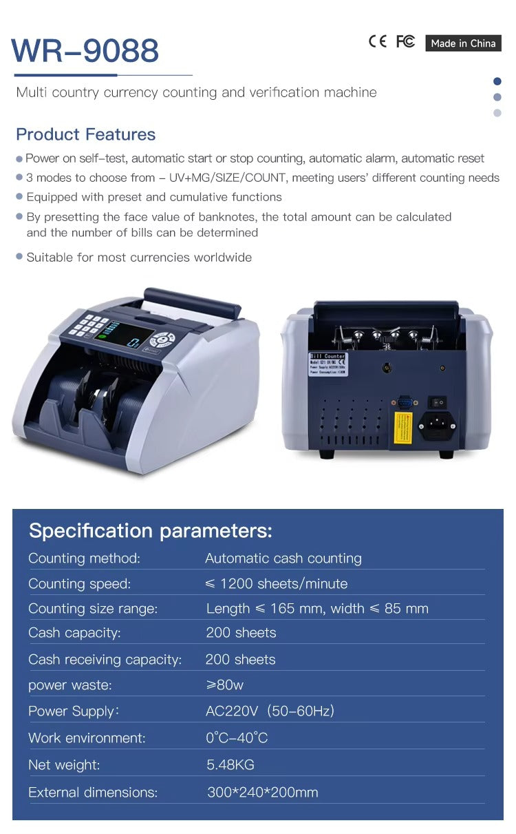 Weirong 9088 UV/MG LCD Display Bill Counter Multi-Currencies Counting Machine Cash Detector AUD/EUR/USD/TRY Money Counter - Image 3