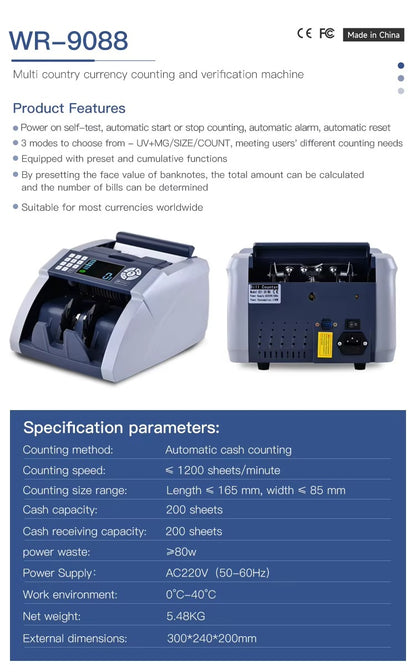Weirong 9088 UV/MG LCD Display Bill Counter Multi-Currencies Counting Machine Cash Detector AUD/EUR/USD/TRY Money Counter - Image 3