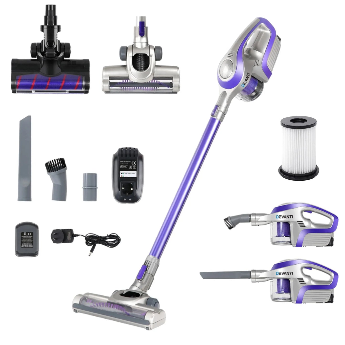 Devanti Stick Vacuum Cleaner Roller Brush Cordless 150W Purple - Image 8