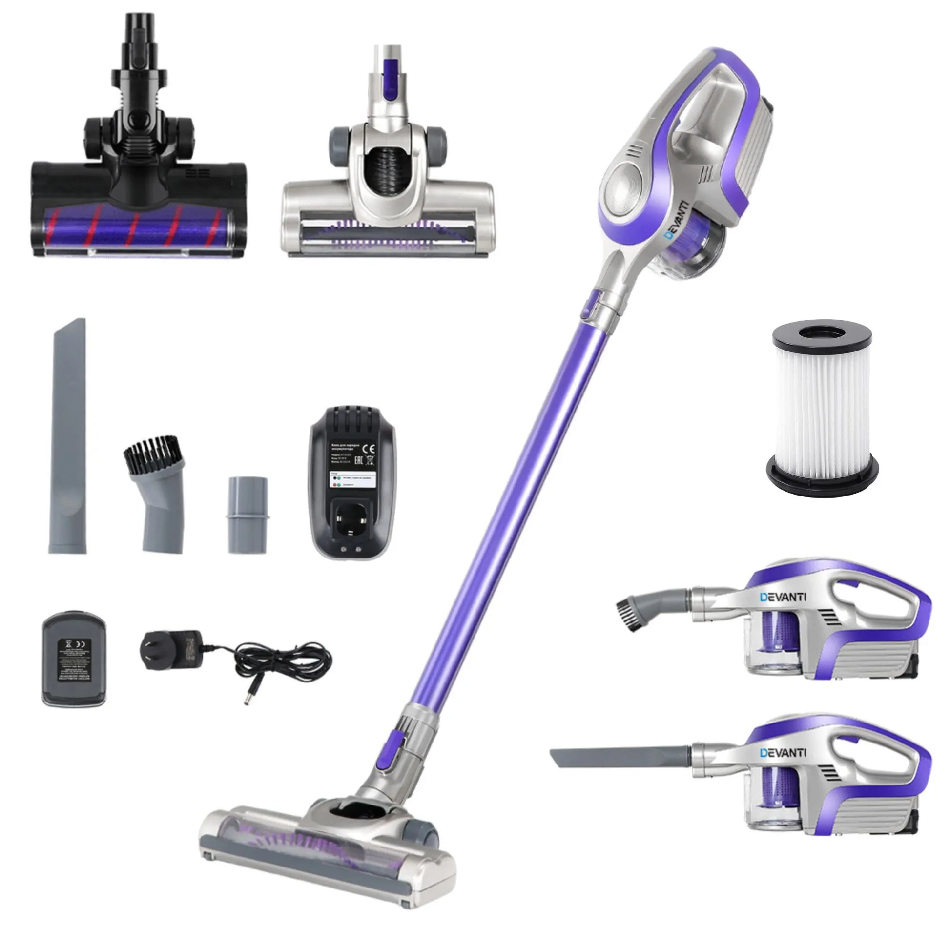 Devanti Stick Vacuum Cleaner Roller Brush Cordless 150W Purple - Image 8