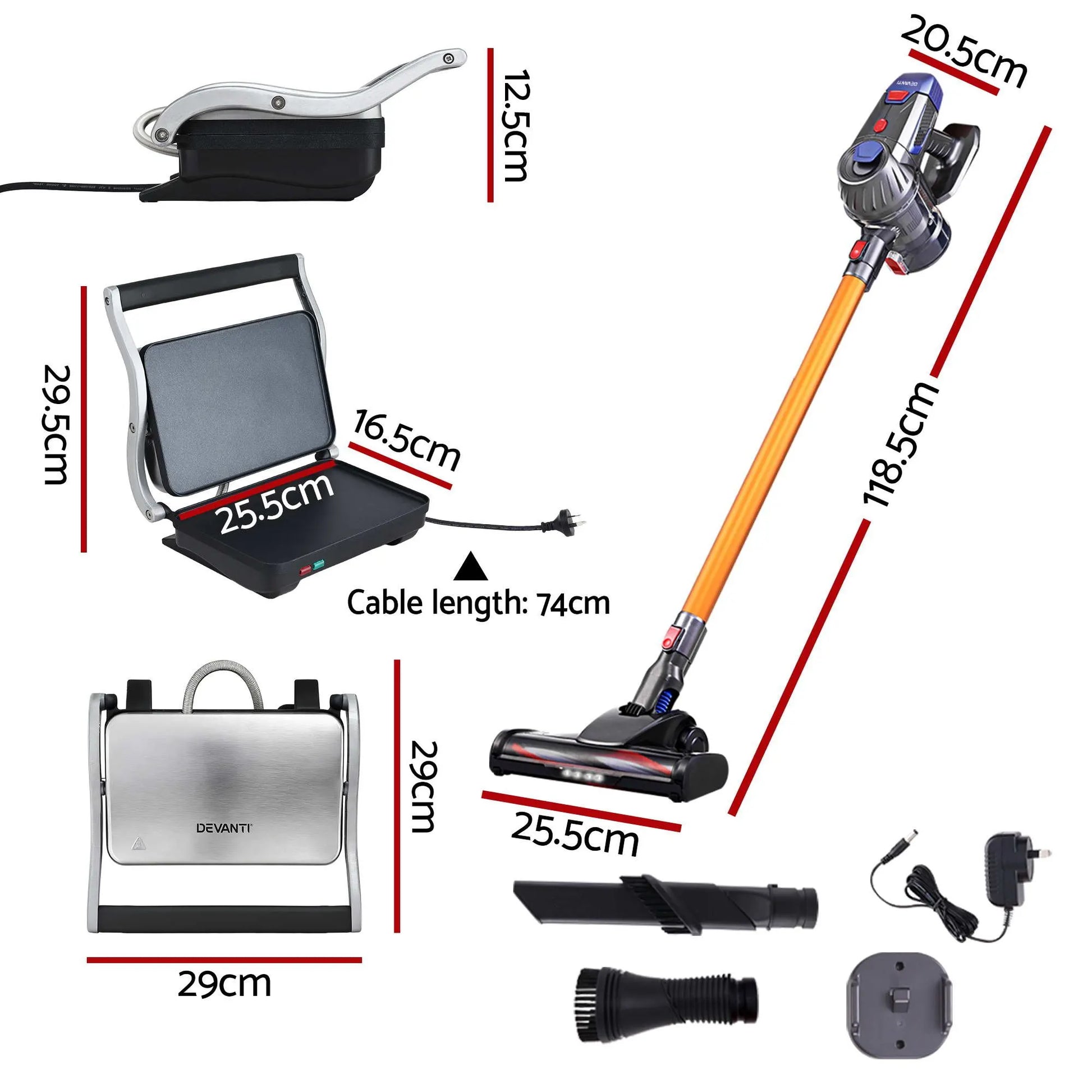 Devanti K7 Cordless Stick Vacuum Cleaner plus Sandwich Maker Panini Press - Image 2