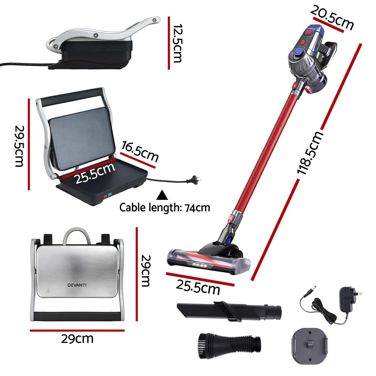 Devanti K7 Cordless Stick Vacuum Cleaner plus Sandwich Maker Panini Press - Image 2