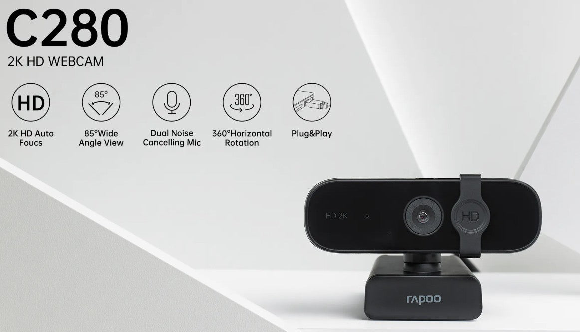 RAPOO C280 2K Webcam - 85 Degree Wide Angle Lens, 360 degrees, Omini Mic. Noise cancel, AutoF Plu...