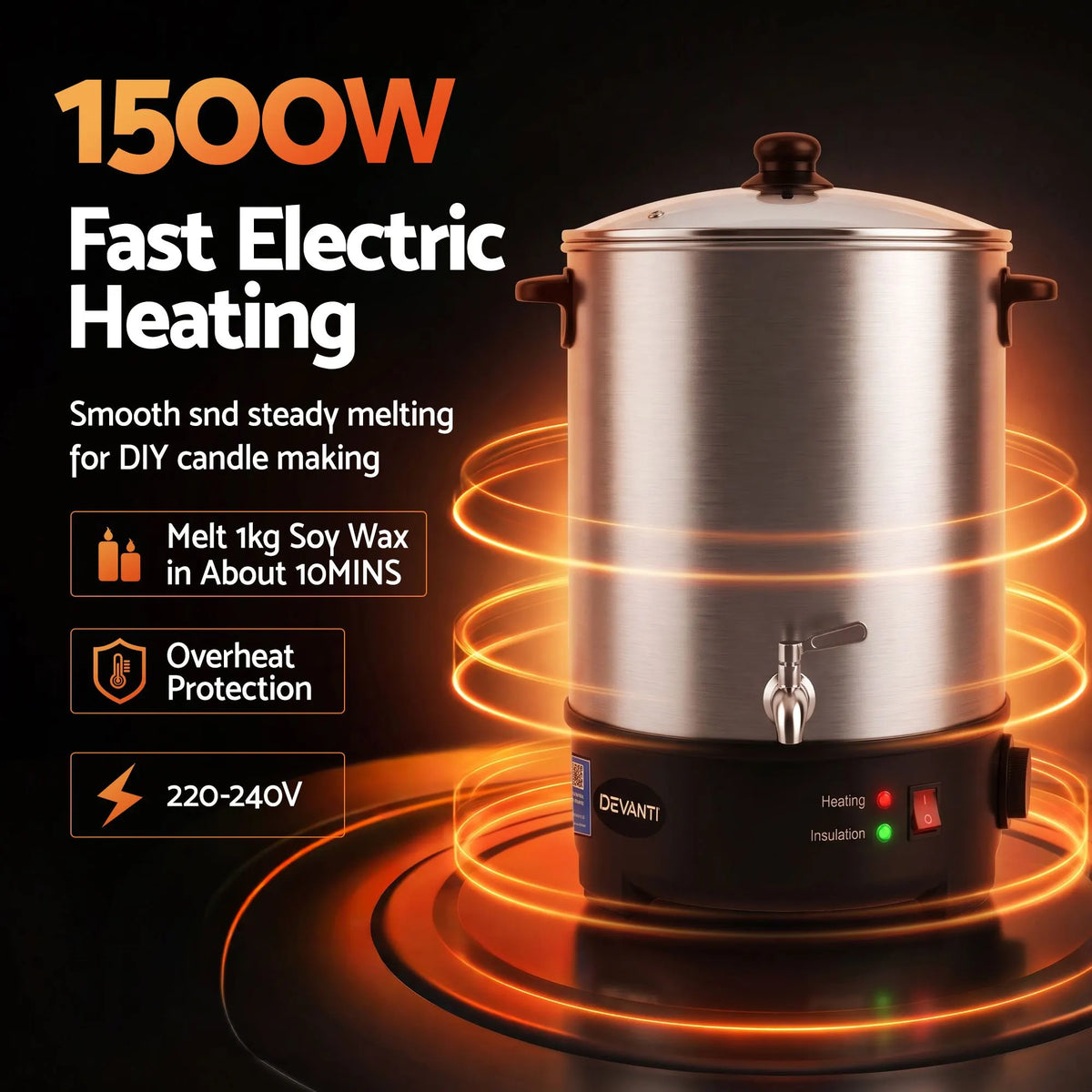 Devanti 16L Wax Melter Candle Making 1500W Melting Pot Furnace Quick Pour Spout Soy Soap - Image 6