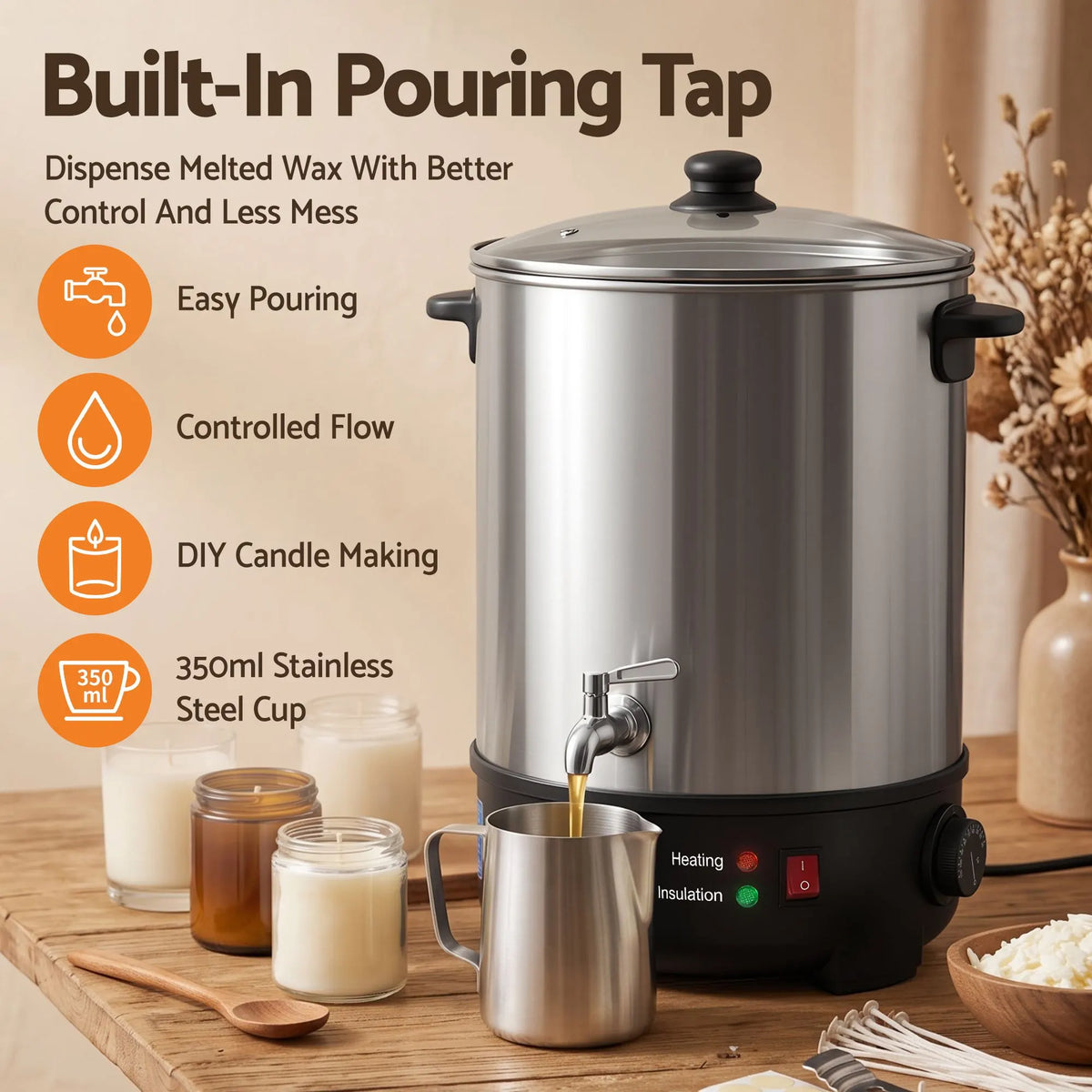 Devanti 16L Wax Melter Candle Making 1500W Melting Pot Furnace Quick Pour Spout Soy Soap - Image 8