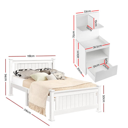 Artiss King Single Bed Frame and Bedside Table White - Image 2
