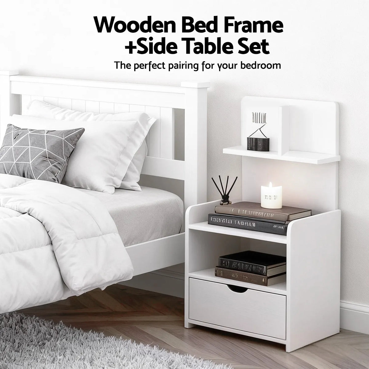 Artiss King Single Bed Frame and Bedside Table White - Image 5