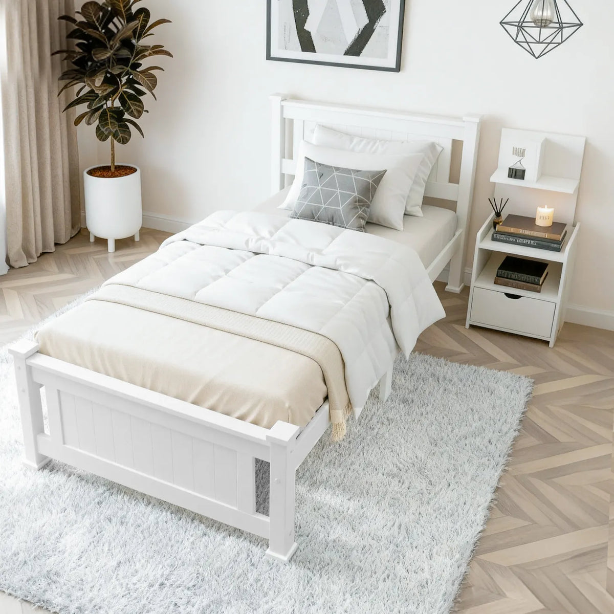 Artiss King Single Bed Frame and Bedside Table White - Image 7