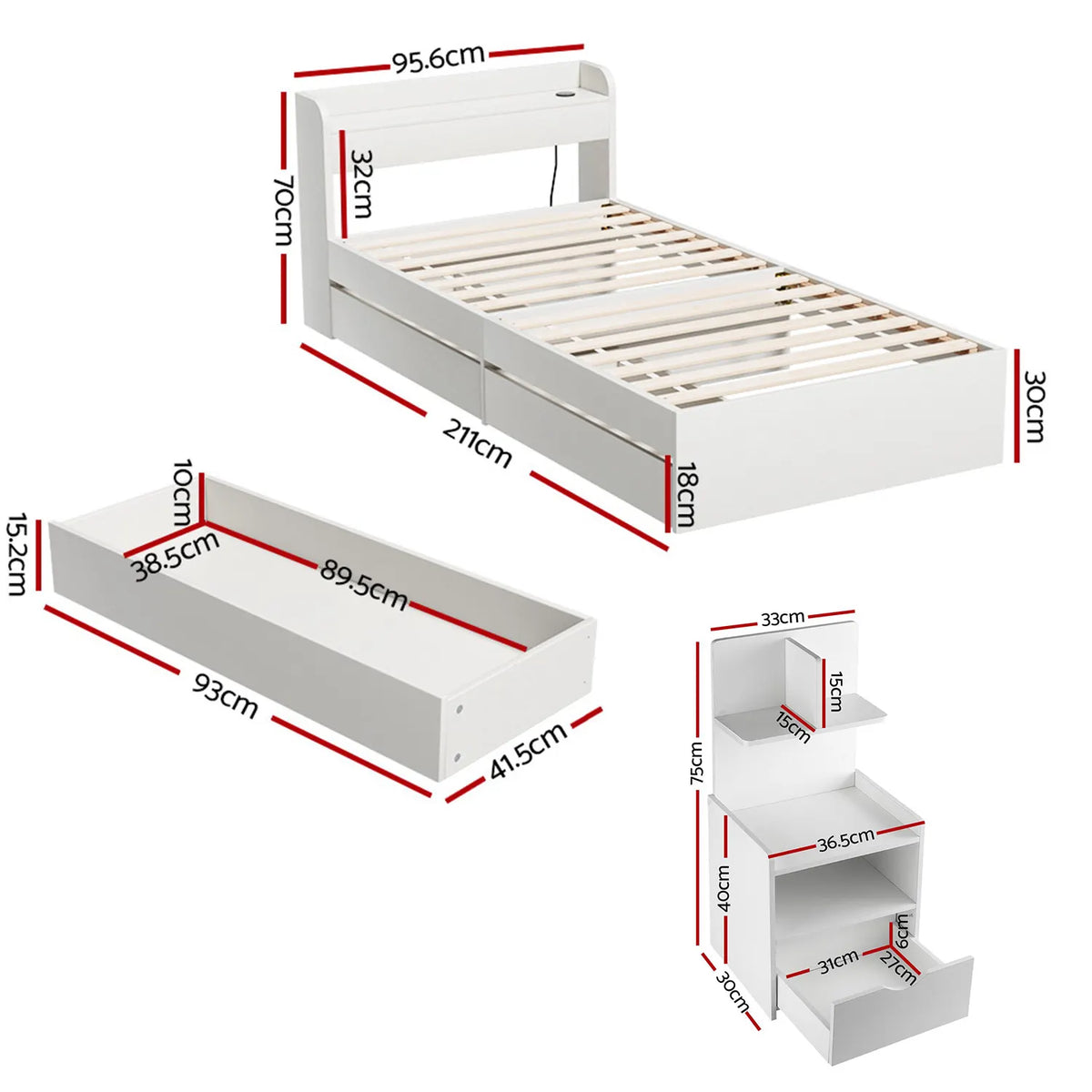 Artiss Single Bed Frame with Charging Ports and Bedside Table - Image 2
