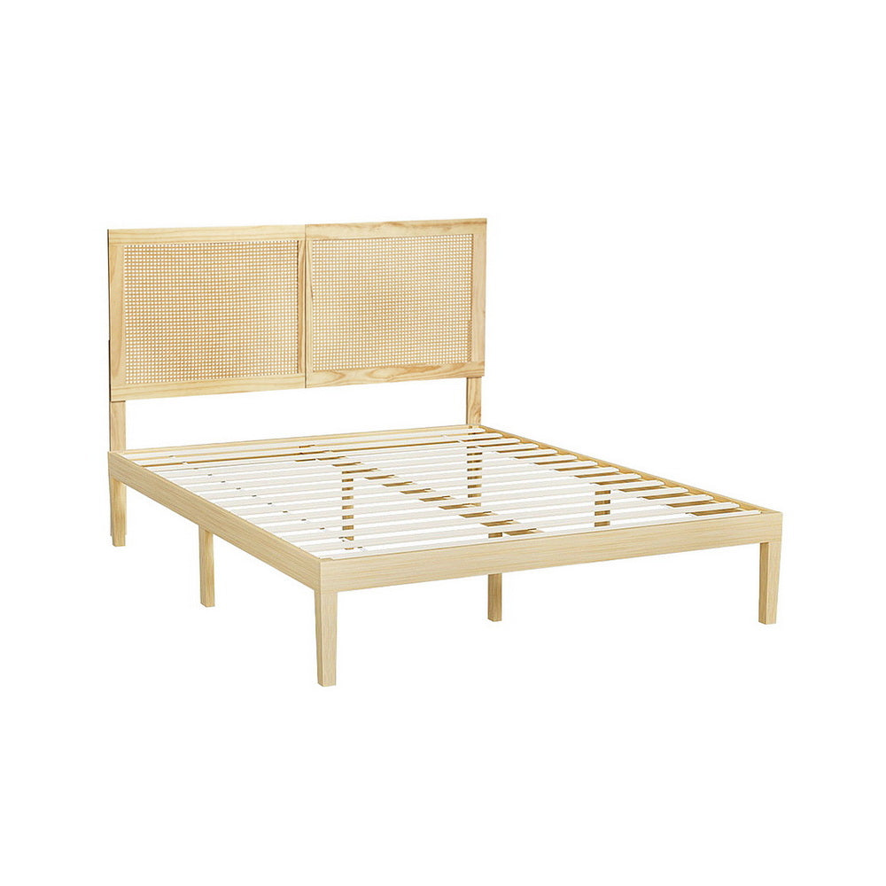 Artiss Bed Frame Double Size with Rattan Headboard Wooden Bed Base BRUNO - Image 2