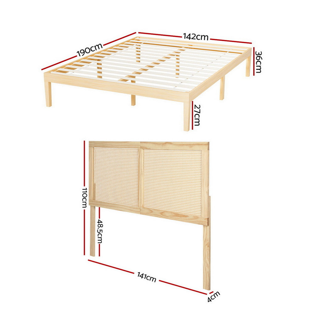 Artiss Bed Frame Double Size with Rattan Headboard Wooden Bed Base BRUNO - Image 3