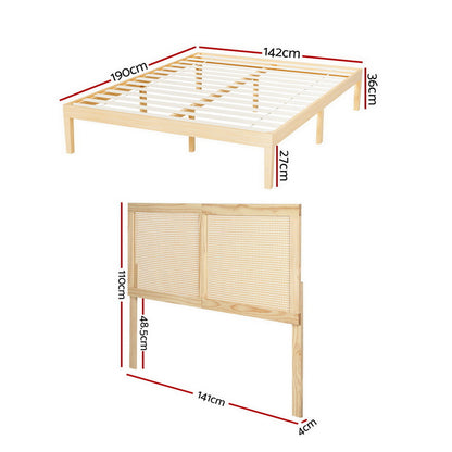 Artiss Bed Frame Double Size with Rattan Headboard Wooden Bed Base BRUNO - Image 3