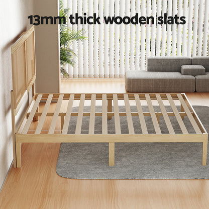 Artiss Bed Frame Double Size with Rattan Headboard Wooden Bed Base BRUNO - Image 4