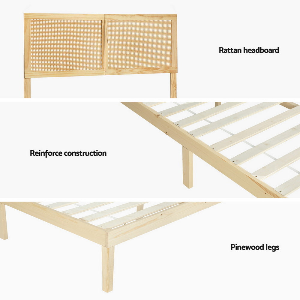 Artiss Bed Frame Double Size with Rattan Headboard Wooden Bed Base BRUNO - Image 6