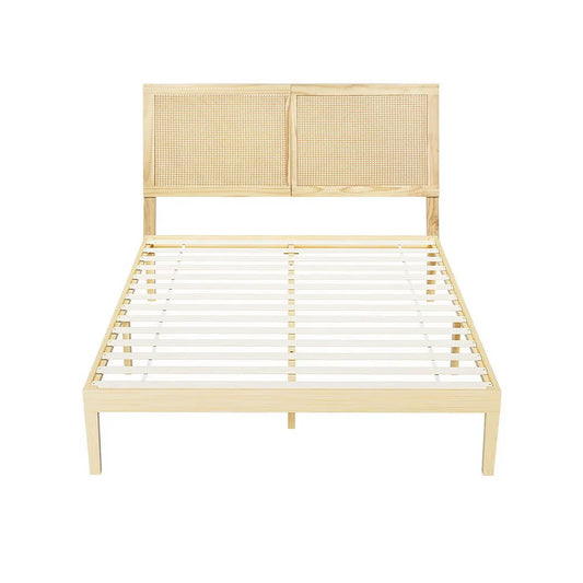 Artiss Bed Frame Queen Size with Rattan Headboard Wooden Bed Base BRUNO