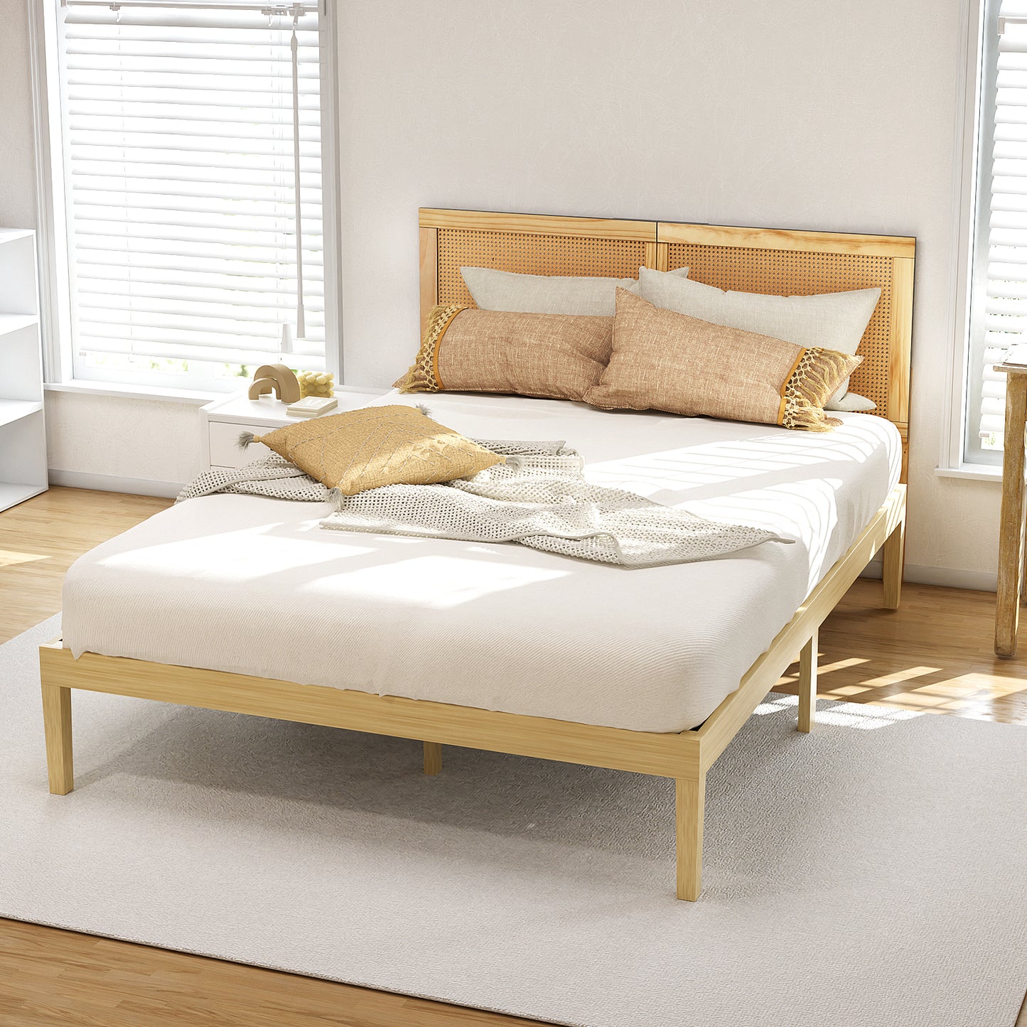 Artiss Bed Frame Queen Size with Rattan Headboard Wooden Bed Base BRUNO - Image 7