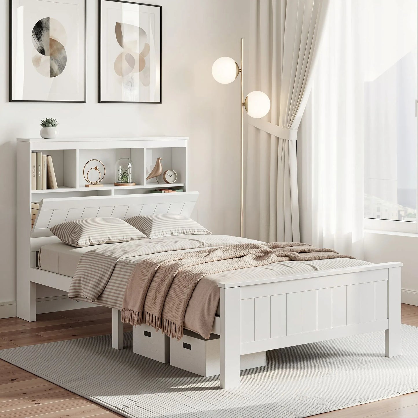 Artiss Bed Frame King Single Size Wooden with 3 Shelves Bed Head White