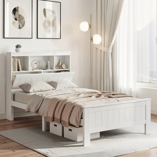 Artiss Bed Frame King Single Size Wooden with 3 Shelves Bed Head White