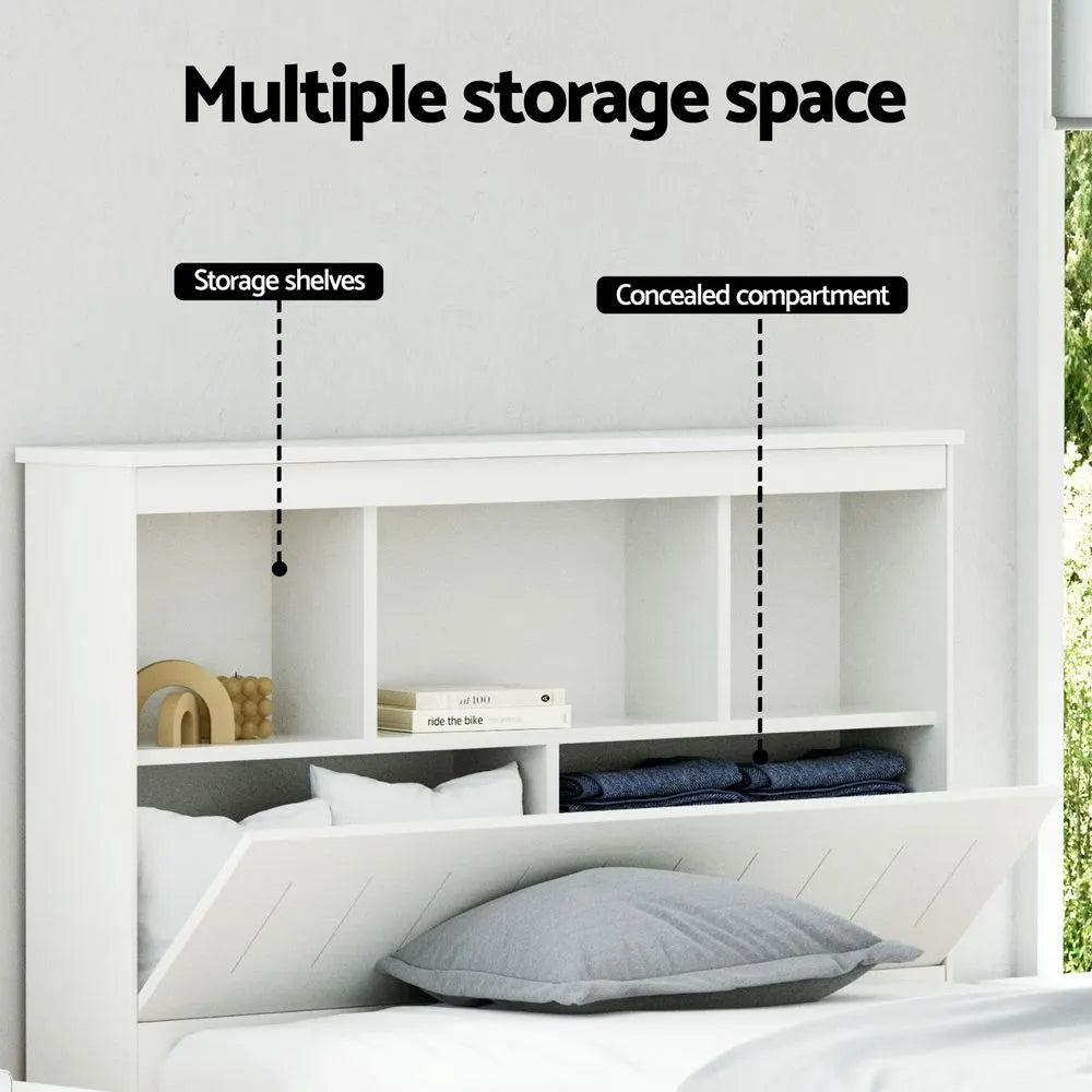 Artiss Bed Frame King Single Size Wooden with 3 Shelves Bed Head White - Image 4
