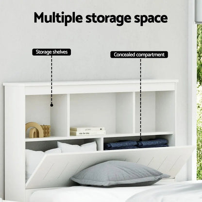 Artiss Bed Frame King Single Size Wooden with 3 Shelves Bed Head White - Image 4